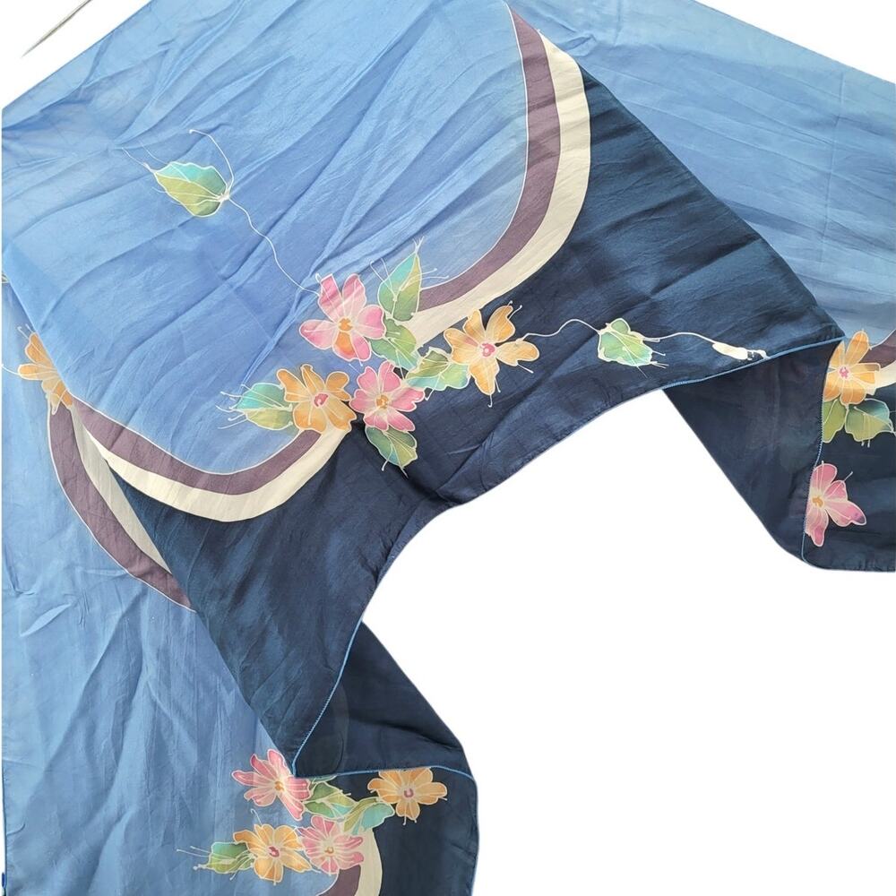 Vintage Blue Orange Floral Silk Scarf Romantic Garden Party Cottagecore